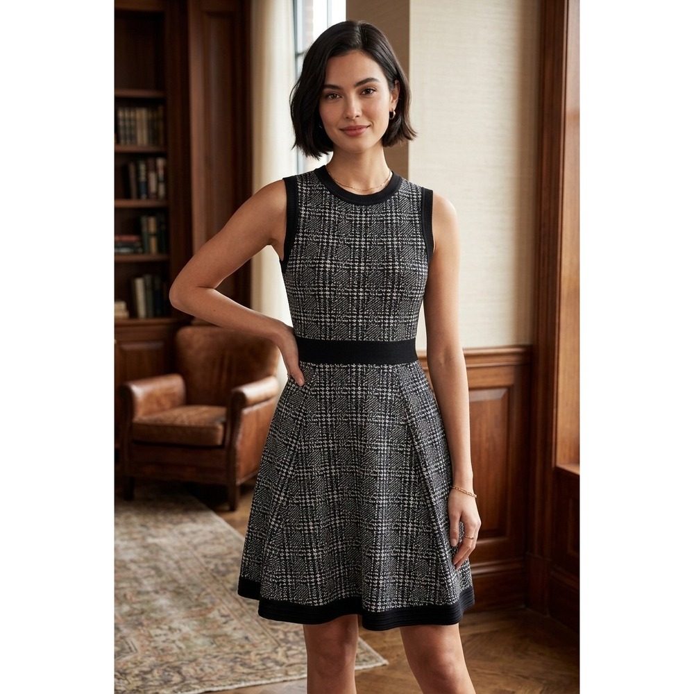 Kate Spade New York Plaid Knit Fit & Flare Dress Black White XS Sleeveless Wool